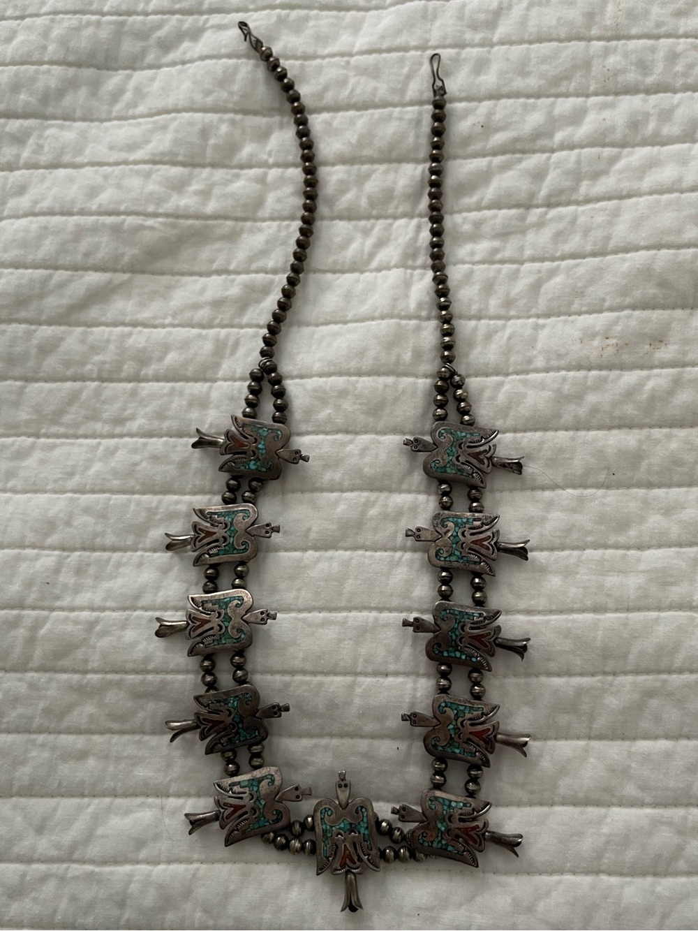 NAVAJO STERLING SILVER 28” PEYOTE BIRD SQUASH BLOSSOM W/ CHIP TURQUOISE & CORAL